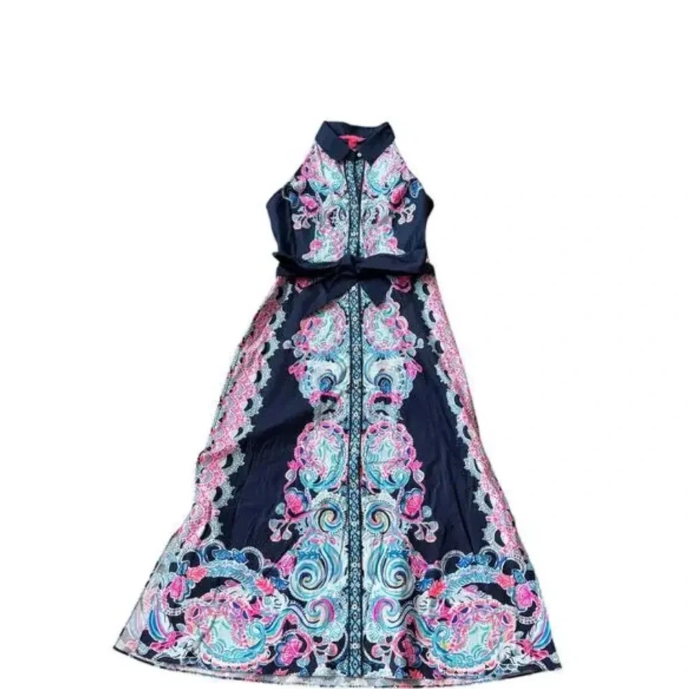 Elegant Blue and Pink Halter Maxi Dress - Picture 3 of 7
